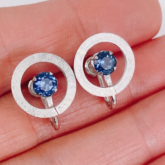 VTG Sterling Silver 50s Signed A&Z Earrings Blue Rhinestone Modernist Screw Back - Picture 2 of 11